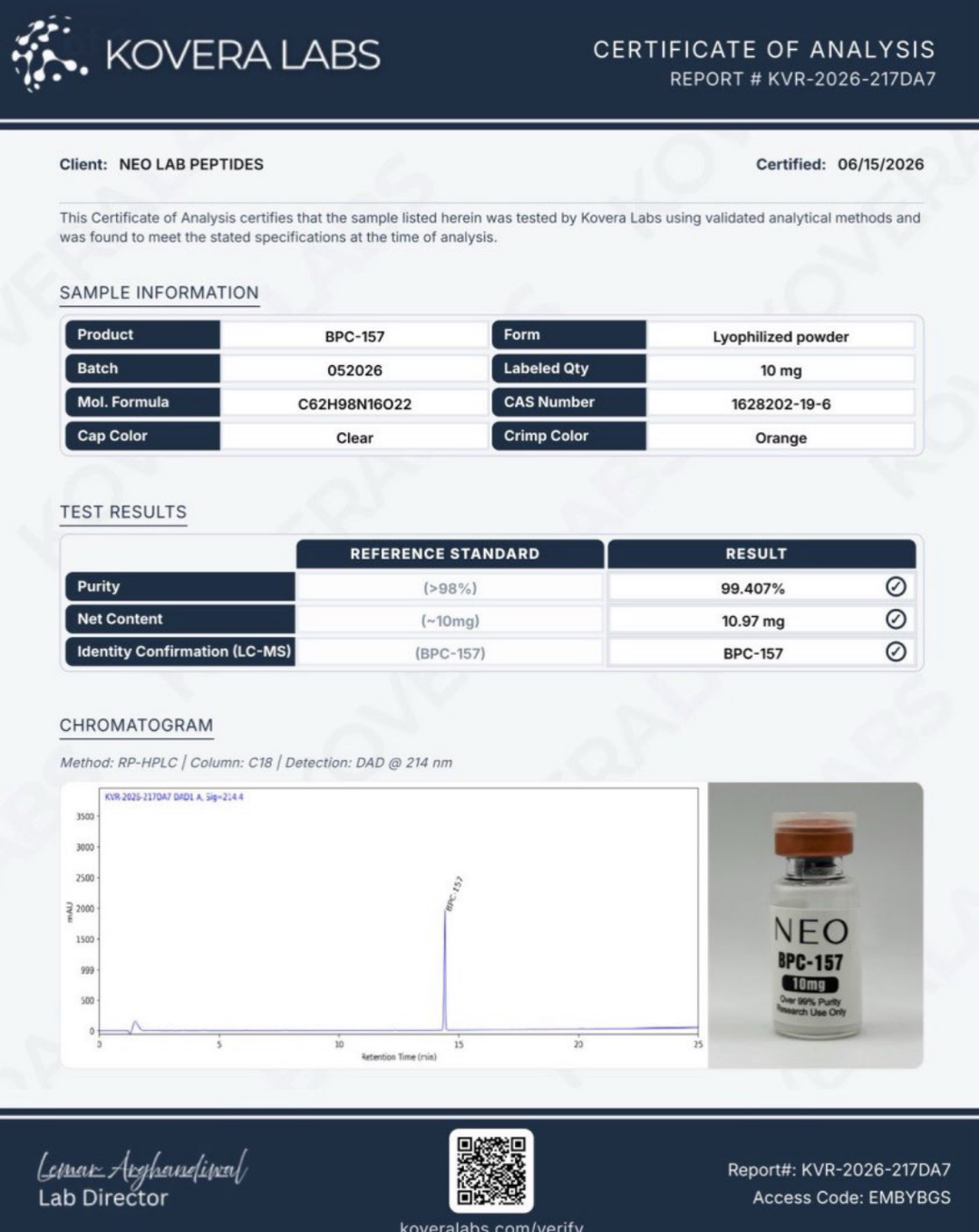 Certificate of Analysis - BPC-157 - Batch 052026 - Kovera Labs
