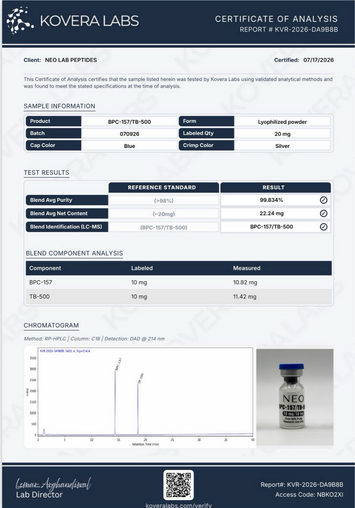Certificate of Analysis - BPC-157/TB-500 Blend - Batch 070926 - Kovera Labs