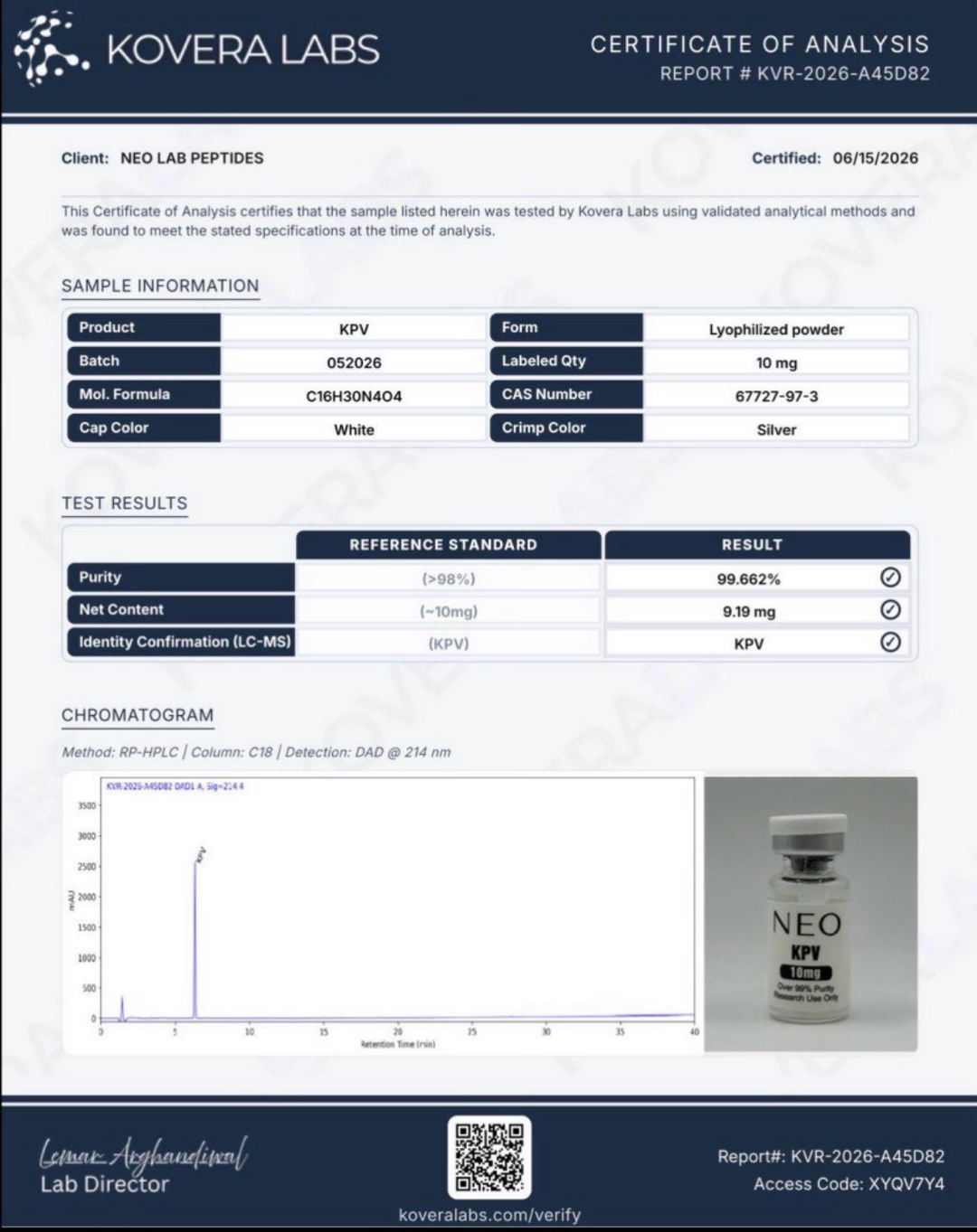 Certificate of Analysis - KPV - Batch 052026 - Kovera Labs