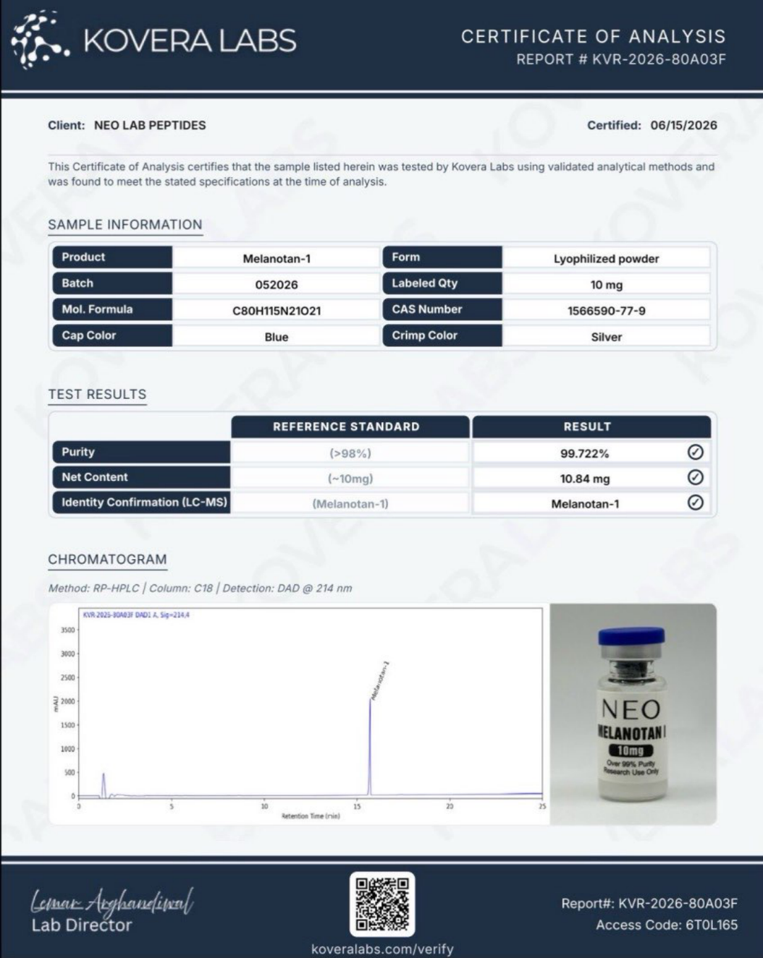 Certificate of Analysis - Melanotan-1 - Batch 052026 - Kovera Labs
