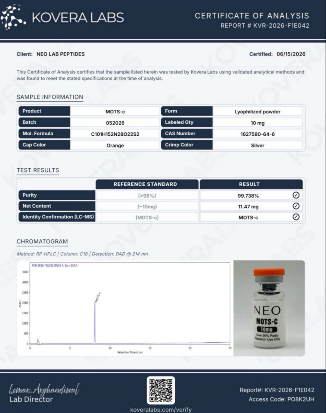 Certificate of Analysis - MOTS-c - Batch 052026 - Kovera Labs