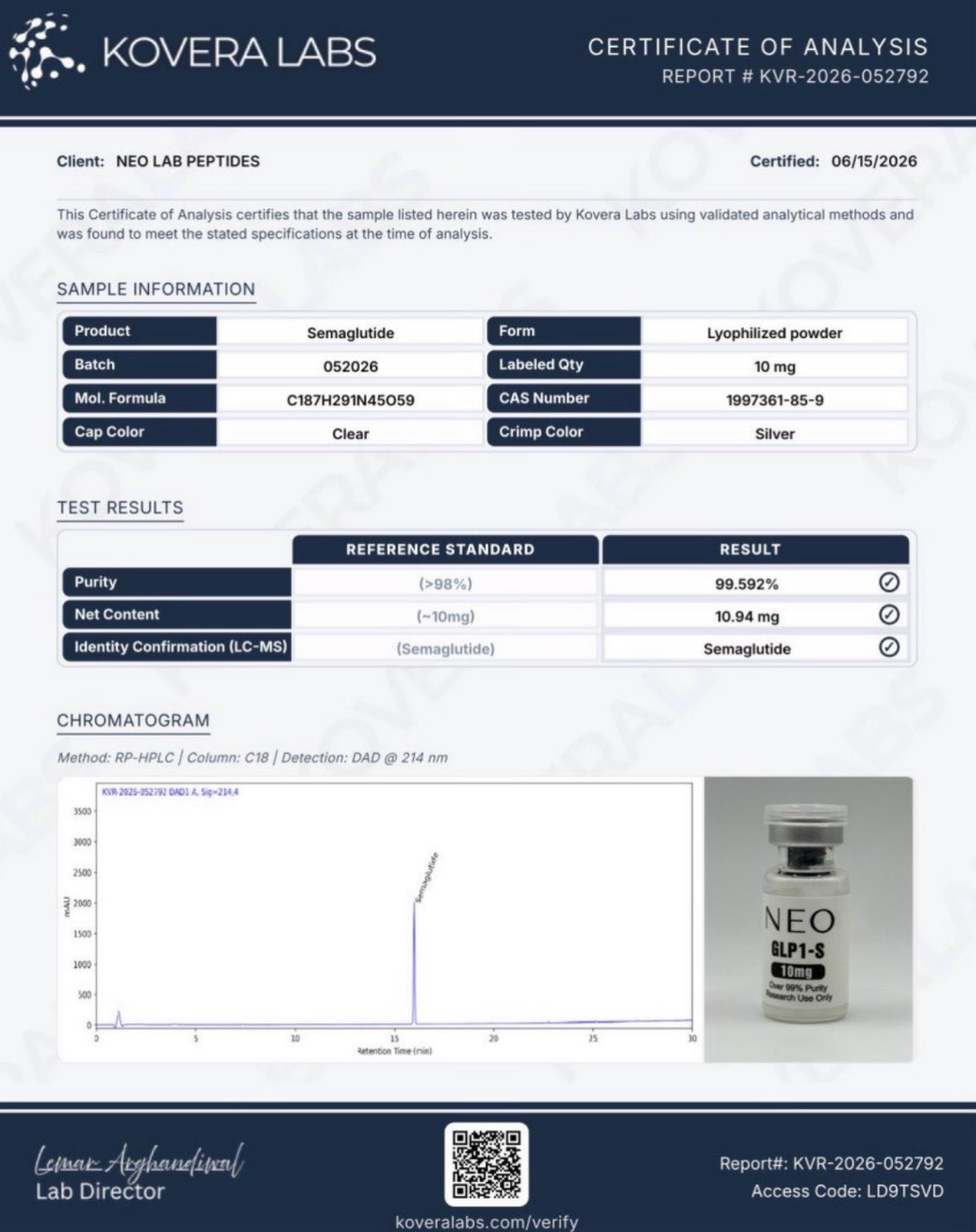 Certificate of Analysis - GLP1-S - Batch 052026 - Kovera Labs
