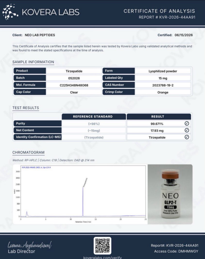 Certificate of Analysis - GLP2-T 15mg - Batch 052026 - Kovera Labs